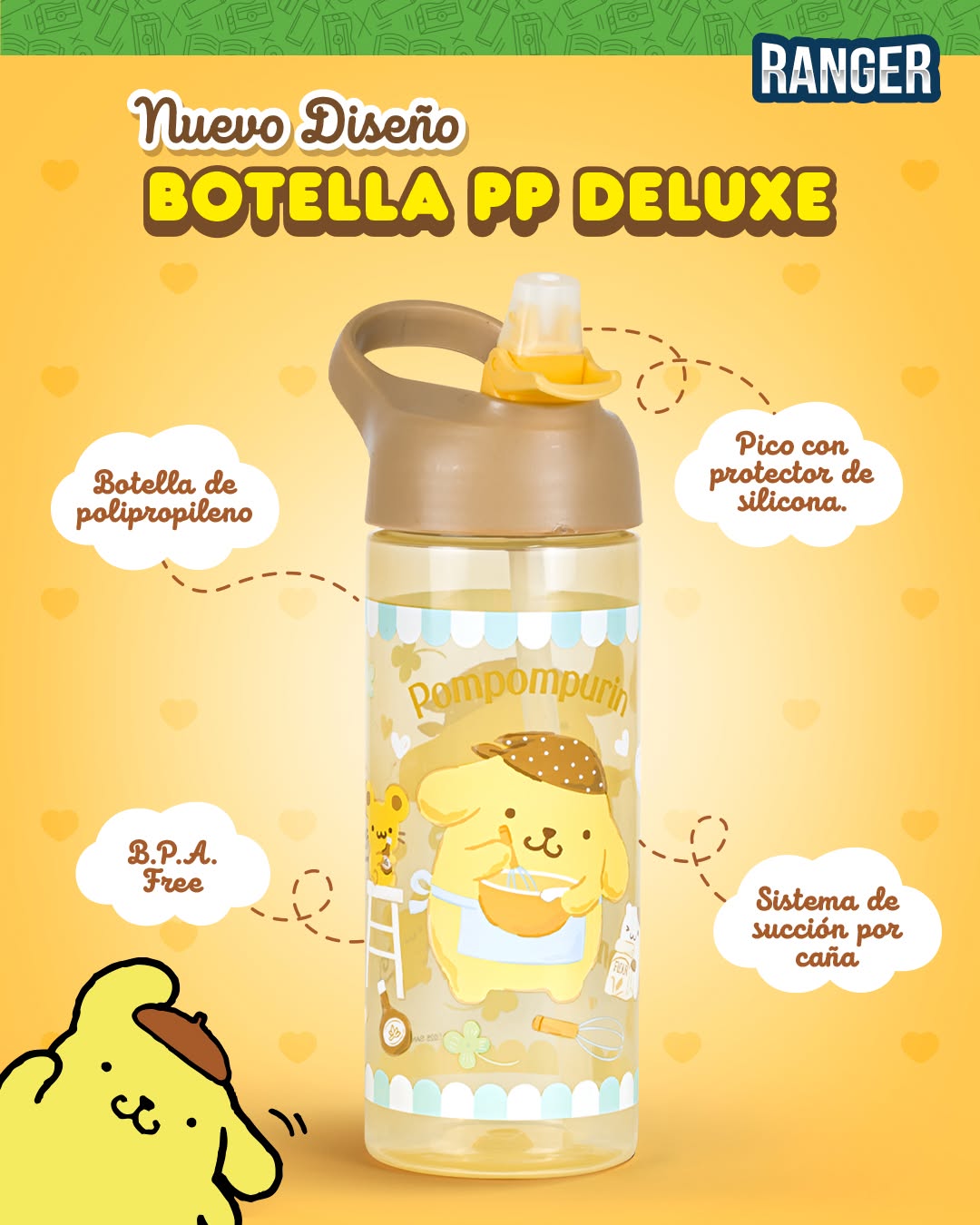 Photo by Scool Perú on February 15, 2025. Puede ser un dibujo animado de juguete, botella, botella de agua y texto que dice "RANGER Nuevo Diseño BOTELLA P DELUXE Botella de polipropileno Pico con protector de silicona. Rompompuri pompon B.P.A. .P Free Sistema de succión por caña".